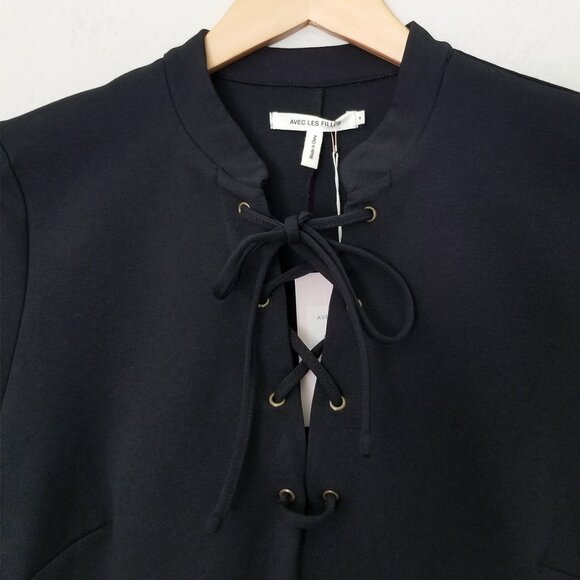 NEW Avec Les Filles Black Ponte Knit Lace-Up Dress M LBD Slimming Classic Modest - Picture 14 of 16